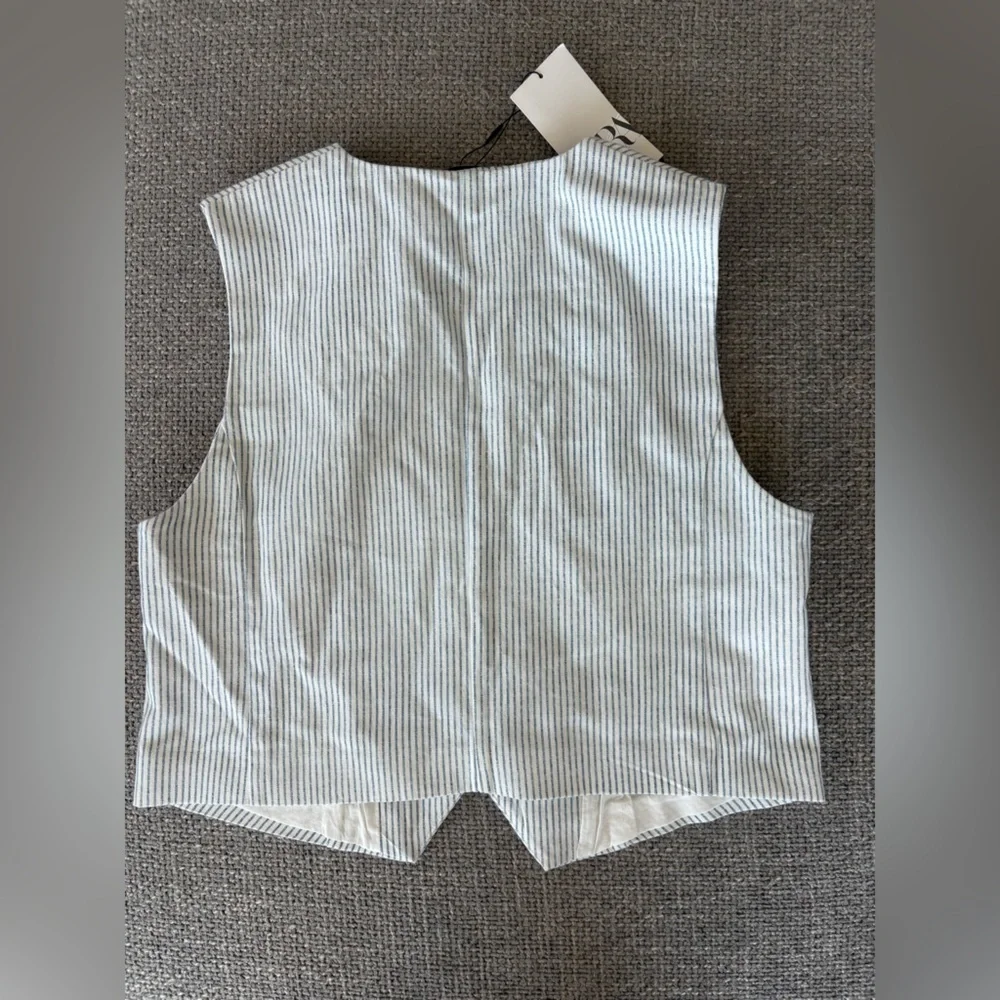 Zara Striped Waistcoat Vest Large  Cotton Buttoned brand new - Picture 9 of 9